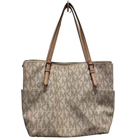 Michael Kors Jet Set Top Zip Cream Tan Logo Tote Bag​ - Picture 2 of 6